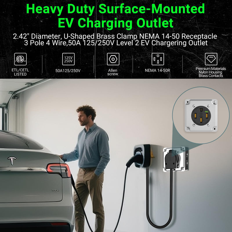 Nema 14-50 EV Outlet (Surface Mount Kit) 50 Amp EV Charging Receptacle Heavy Duty,2.42" Diameter, U-Shaped Brass Clamp -Industrial Grade, 3-Pole 4-Wire Grounding, 50A 125/250V, ETL Listed Surface Mount Kit