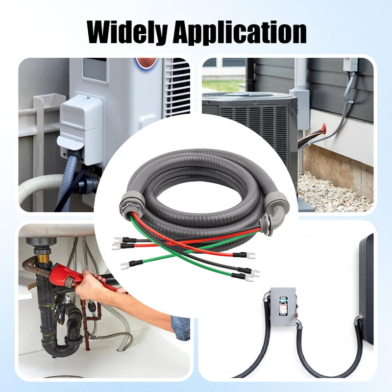 1/2Inch Power Whips Assembly, 4FT Nonmetallic Liquid Tight Flexible Conduit Wire with 3 Conductors 10 Gauge THHN Electrical Wires, A/C Hook-up Whip Kit Electrical Wire(4FTx1/2Inch) Teminal