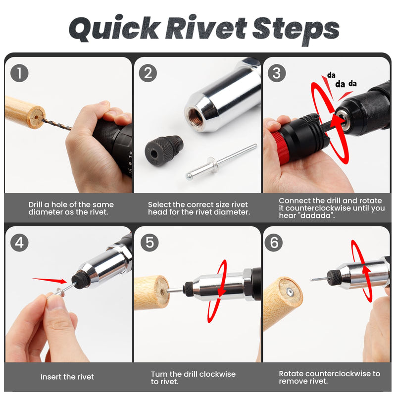 YUZES Rivet Gun Kit Adapter for Cordless Drills and 8mm Ratchet Wrench, Rivet Tool with (3/32", 1/8", 5/32", 3/16", 1/4") Interchangeable Rivet Heads and 5 Twist Drill, Easy Processing for Pop Rivet