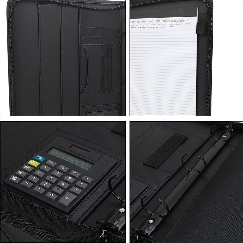 Business Portfolio with Zipper 3 Ring Binder Organizer - PU Leather Folder Padfolio Document Organizer with Solar Calculator,Writing Pad Zippered Portfolio With 3 Ring Binder+calculator