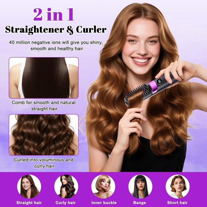 Go Brush Pro UK Cordless Hair Straightener Brush, Portable Rechargeable Ceramic Styling Brush with 4 Heat Modes & LED Display, Hair Gobrush Pro Rechargeable Straightener Hot Comb for Travel