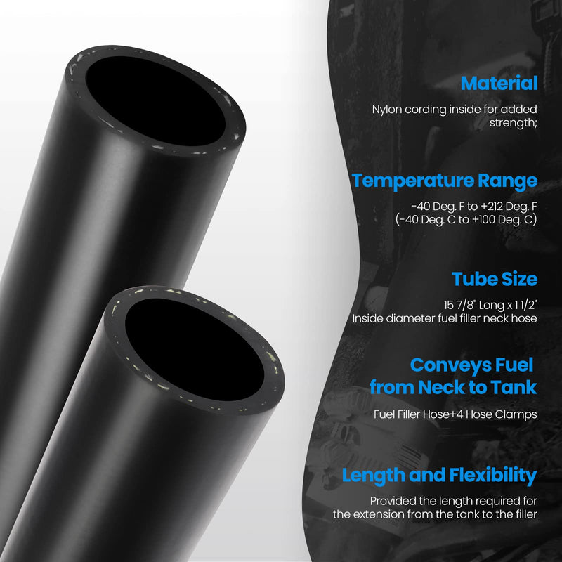 Gasoline Fuel Filler Hose with 4 Clamps - 1 1/2" ID, Reinforced Tank Hose (15 7/8" Long) straight