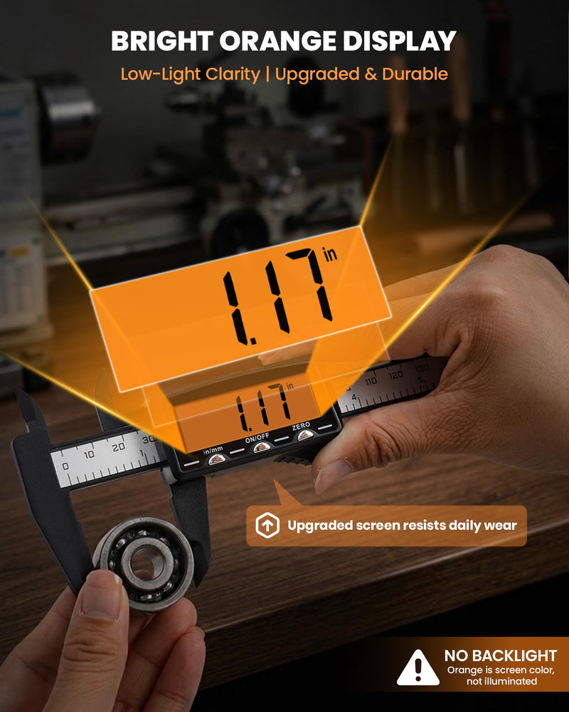 HARDELL Rechargeable Digital Caliper, 6" Plastic Calipers with Large Orange Screen (Non-Backlit), Inch/mm, Auto-Off Micrometer – Everyday Caliper Measuring Tool for Woodworking, DIY & Household