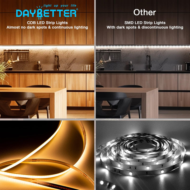 DAYBETTER COB LED Strip Lights, Tunable White(2700K-6500K) COB LED Lights with 6080 LEDs, 24V Adapter, RF Remote, Dimmable High Density Uniform LED Strip for Bedroom, Kitchen, Cabinet, CRI90+, 32.8ft Tunable White(2700K-6500K)