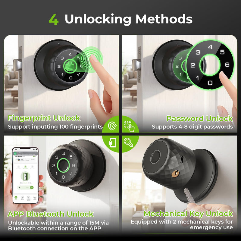 𝐅𝐢𝐧𝐠𝐞𝐫𝐩𝐫𝐢𝐧𝐭 𝐊𝐞𝐲𝐩𝐚𝐝 Door Lock, Smart Biometric Door Knob Support 15M App Control & Auto Lock, 4-in-1 Upgraded Door Lock with 2Keys for Home Office Apartment, Black (Diameter 2.28")