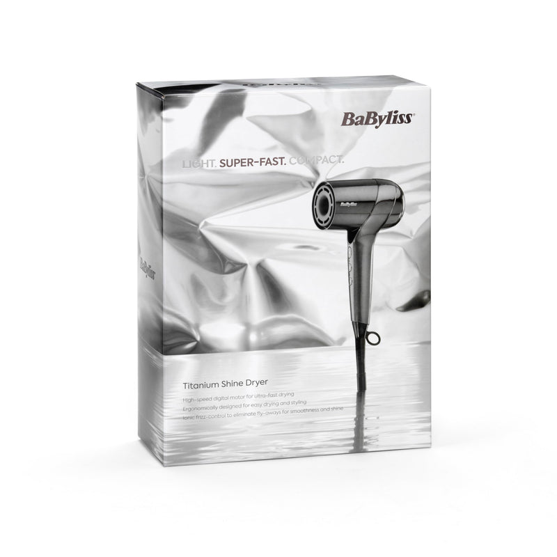 BaByliss Titanium Shine Hair Dryer - Powerful and Compact, 1600W High Speed Digital Motor, Large Diffuser, 3 Heat & 3 Speed Settings, Metallic Grey, D6200DU NEW