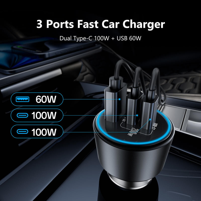 USB C Car Charger, 2Pack 3-Port 200W Dual USB-C & USB-A Phone Car Charger Adapter PD/QC Fast Charging Cigarette Lighter for Phone 16 15 14 13 12 Pro Max, Laptop MacBook Samsung Galaxy S24
