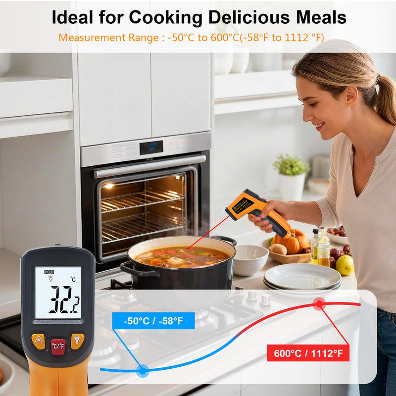 Ketotek Digital Infrared Thermometer Temperature Gun -58°F to 1112 °F(-50°C to 600°C) Handheld Non Contact IR Laser Thermometer KT600Y for Cooking Meat Refrigerator Pool Pizza Oven BBQ Food Orange