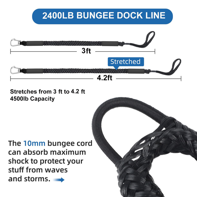 Bungee Dock Lines for Boats 3 FT, Heavy Duty Mooring Ropes with Clip, Shock Absorbing Tie Downs for Jet Ski, PWC, Kayak (2 Pack) Black 3ft