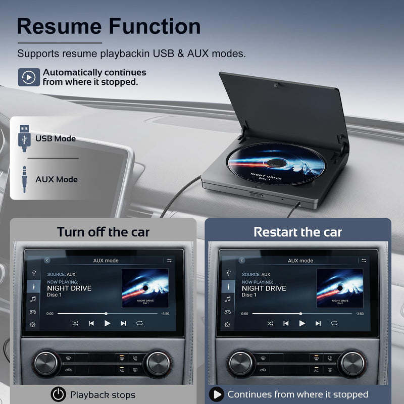 External CD Player for Car, USB/AUX Connection, Universal Compatibility | Portable, Anti-Skip, Shockproof, Vehicles, Resume, Steering-Wheel Remote, Compact Design, Hidden Cable, Plug & Play