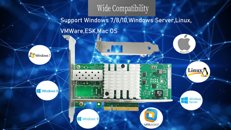 10Gb Network Card Single SFP+ Port PCIE x8 Ethernet Converged Server Adapter NIC Compatible Intel X520-DA1 82599EN Chip Support Windows 7/8/10/11/Visa,Server/Linux/VMware X520-1*SFP+