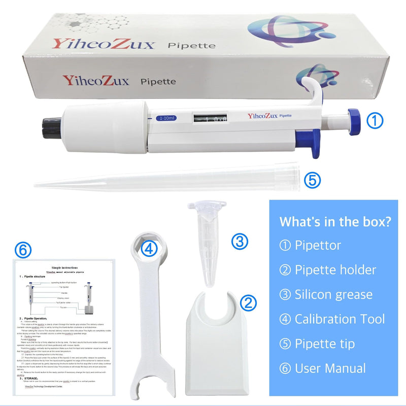 Adjustable Single Channel Pipette 1-10 ml, High Accuracy Laboratory Micropipette for Molecular Biology and Cytology 1000-10000 Microliters 11.18*3.03*1.77 inches