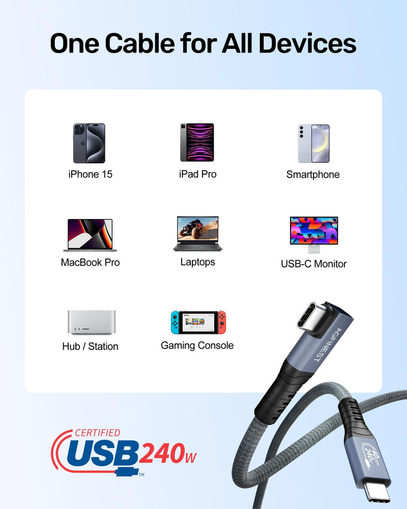 Certified USB 4 Cable Right Angle 3ft, (240W, 40Gbps, 8K Video), Compatible with Thunderbolt 4 USB-C to USB C for MacBook, iPad Pro, iPhone 15, Dock, Hub 3.3 FT