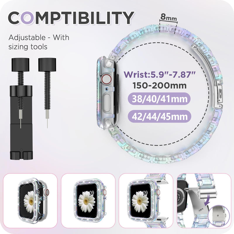 DABAOZA Compatible for Clear Apple Watch Band with Case, Women Girl Resin Lightweight Sport Strap Glitter Bling Bumper Cover with Stainless Steel Buckle for iWatch Band SE Series9/8/7/6/5/4/3/2/1 Colorful Clear 45mm/44mm/42mm