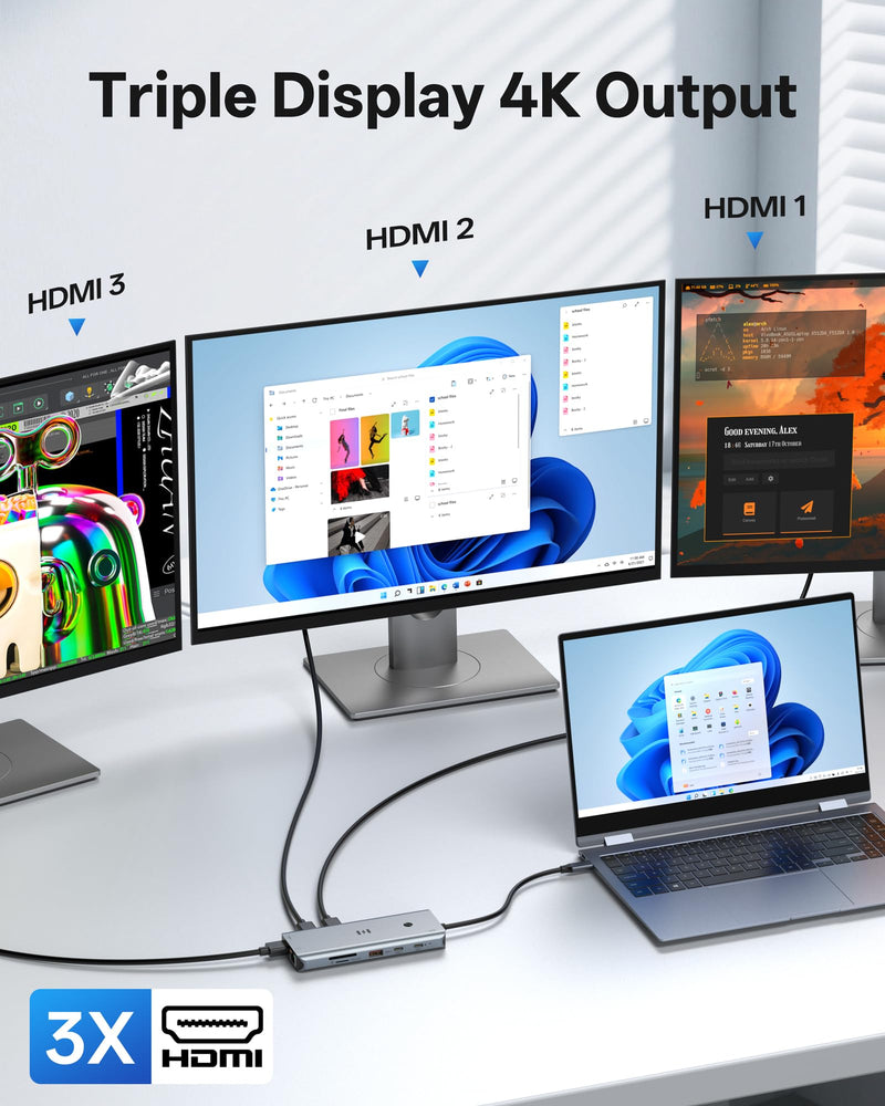 Selore USB C Docking Station 3 Monitors 3 HDMI 13-in-1 Laptop Hub | Triple HDMI, 10Gbps USB A/C 3.1, 100W PD Charging, Gigabit Ethernet, SD/microSD Reader for Windows Laptops Dell/HP/Lenovo 13-in-1 3 HDMI