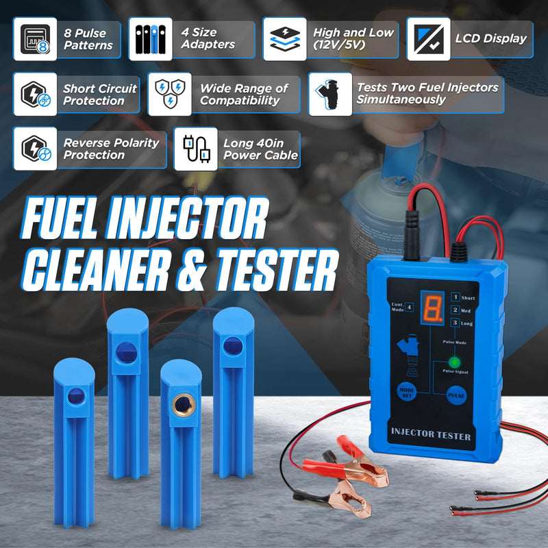 PLAYOCCAR Automotive Fuel Injector Tester, Car Fuel Injector Cleaner Tool Kit with 8 Pulse Modes, 12V GM Fuel Injector Pressure Tester with 4 Nozzles