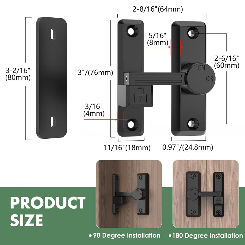 Barn Door Lock Latch, 90/180 Degree Flip Sliding Door Latch for Garage, Bedroom, Cabinet, Sturdy Zinc Alloy Security 90 Degree Lock (Black-1 Pc) Black-1 pc