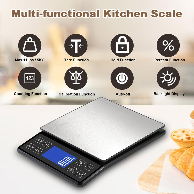 Digital Kitchen Scale with 0.1g/0.001oz High Precision, 5kg/11lb Food Bakery Scale with% Percentage Function, Tare Function, USB Rechargeable or AAA Battery Power, Stainless Steel Pan Black
