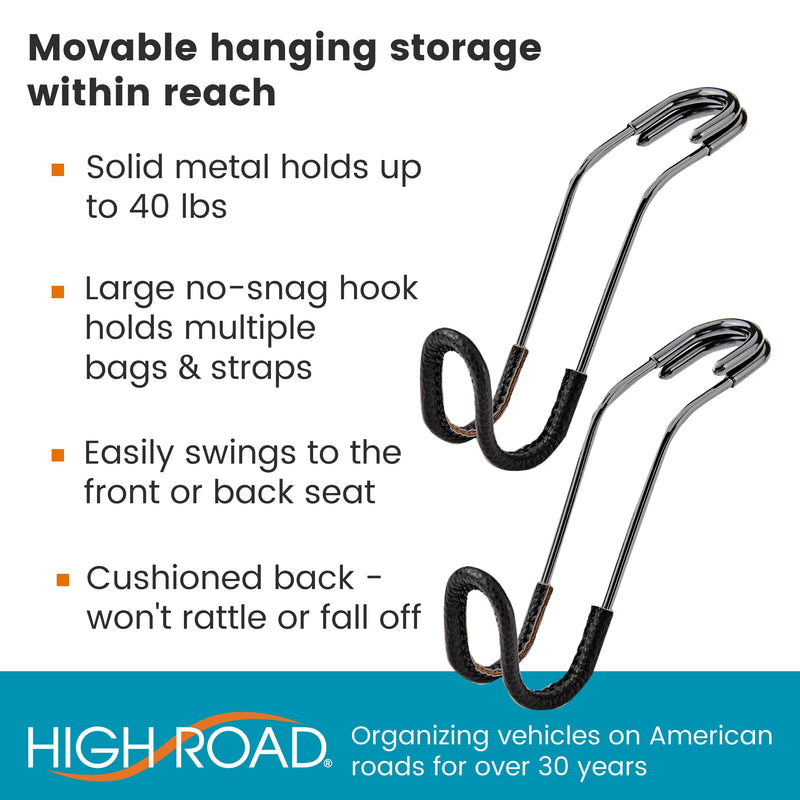High Road Car Hooks for Purses and Bags with Leather Trim - Unbreakable Car Seat Hooks for Large Purse Straps and Heavy Bags up to 40 lbs - Secure Attachment Loops Fit All Headrest Posts, 2-Pack Black