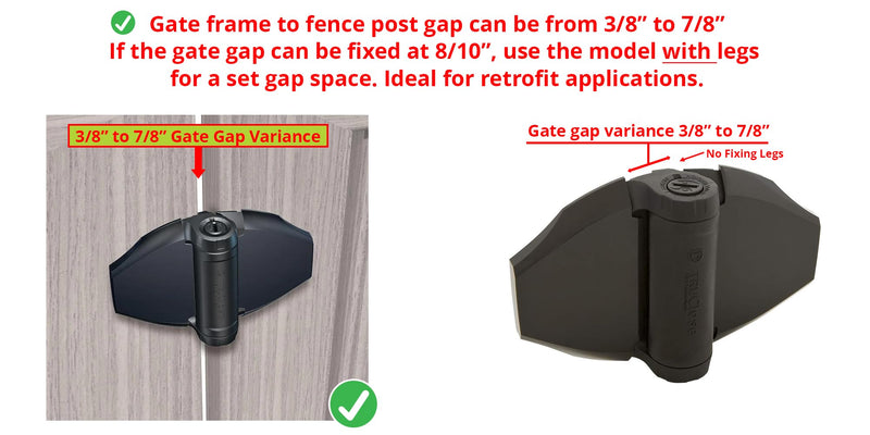 D&D Technologies TCA3S3BTS TruClose Regular Duty Self Closing Gate Hinge, for Wood and Vinyl Gates up to 66 Pounds, No Alignment Legs, for Square Gate Frame and Post, Black, 2 Count Adjustable gate gap: 3/8”–7/8” gate frame to post