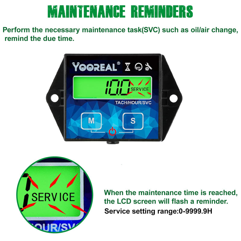 Yooreal Digital Backlight Tachometer Hour Meter,Resettable Hours,Replaceable Battery Engine for Lawn Mower Generator Chainsaw Outboard Motor Snowblower Gas Powered Equipment (YR-HM011G)