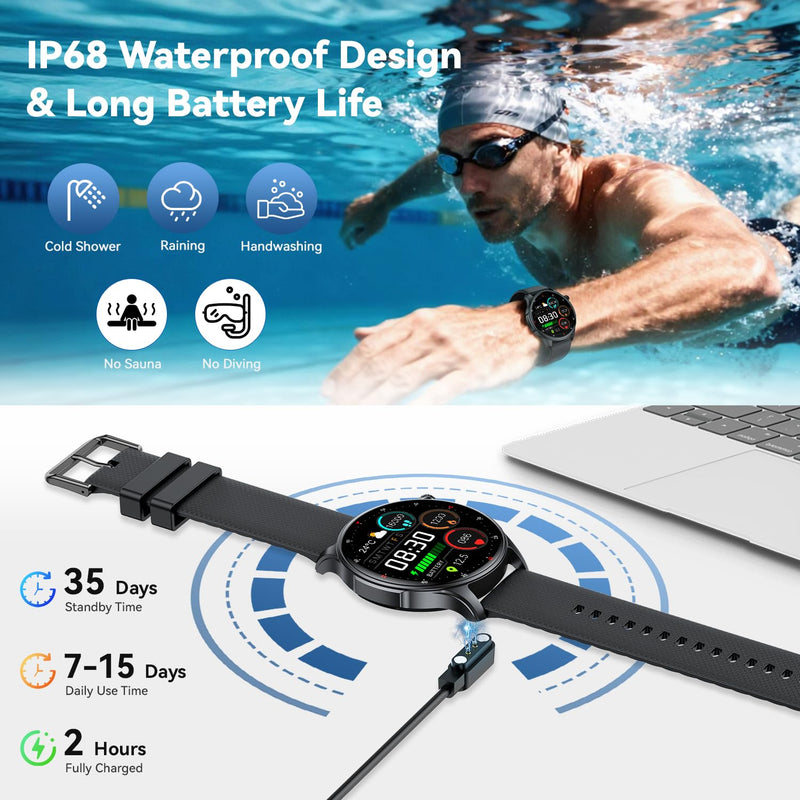 Smart Watch for Men Women Fitness: Waterproof Running Digital Mens Watches Step Pedometer Tracker Make Answer Call SpO2 Sleep Heart Rate Monitor Smartwatch Android Phone iPhone Samsung Compatible Black