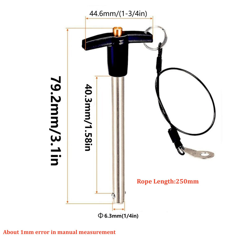 Pair of Stainless Steel 304 Push-Button Quick Release Pin T Handle Lock Pins, Pin Dia 6.3mm(1/4in) Usage Length 40mm (App.1.5in) with Lanyard Cable (2) 2