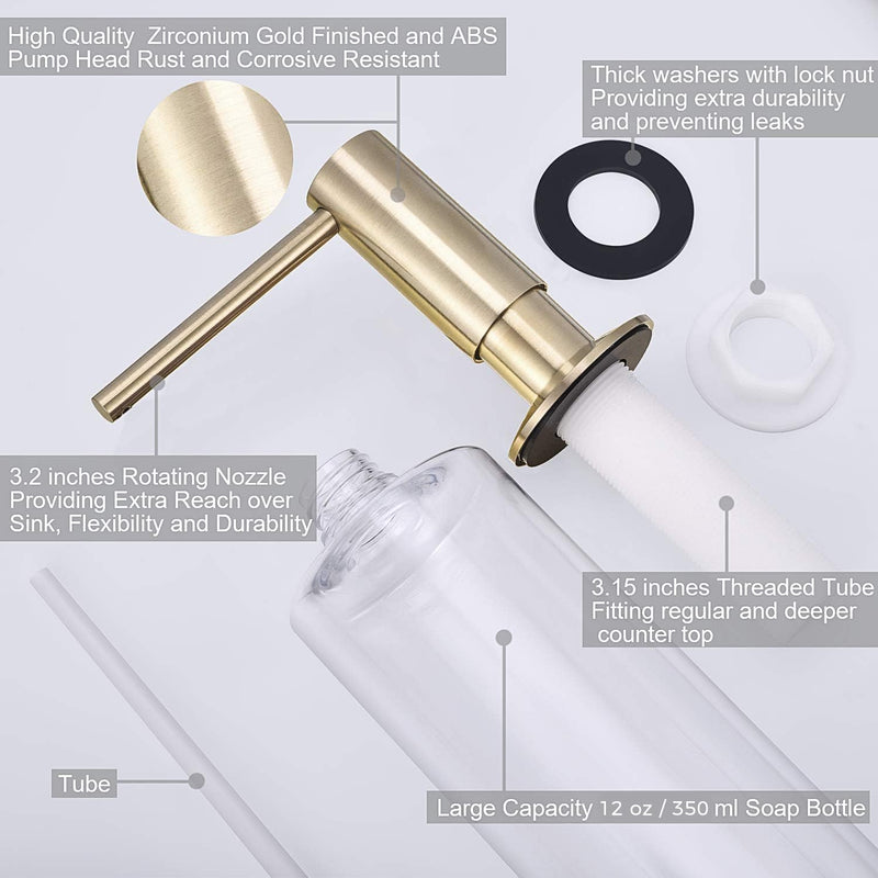 Samodra Sink Soap Dispenser, Metal Pump Head Liquid Lotion Countertop Kitchen Bathroom Soap Dispenser with 12 OZ PET Bottle Brushed Gold