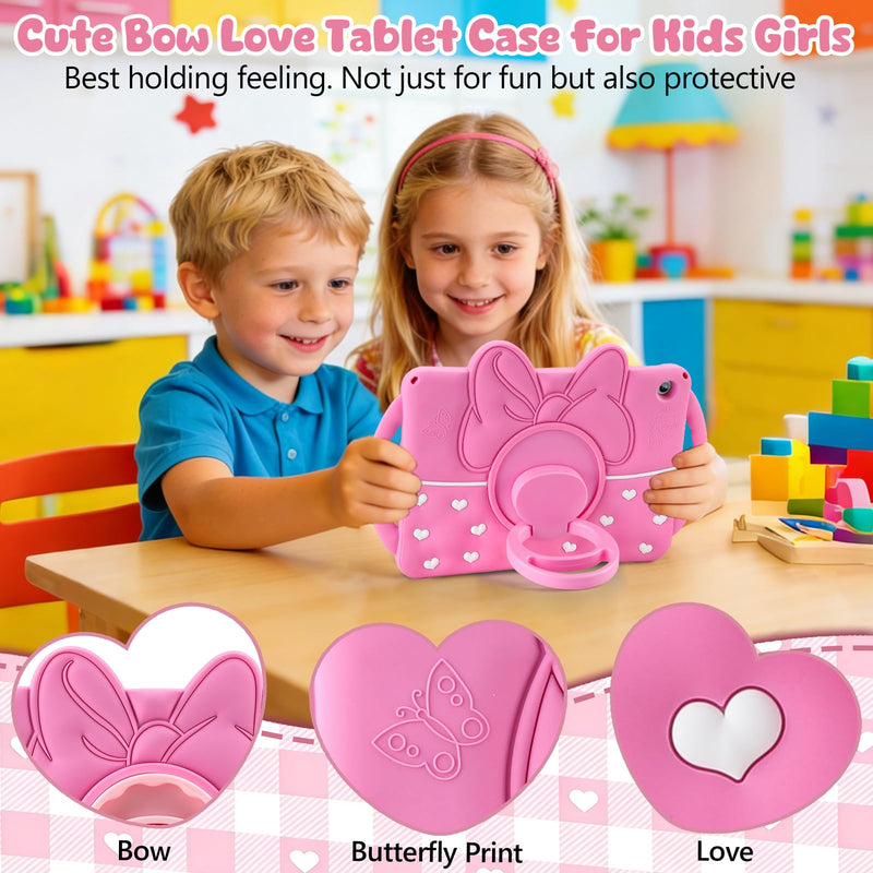 SAMONPOW for Galaxy Tab A11+ Plus Case 11 Inch Galaxy Tab A9 Plus Kids Case | Cute Bow Heart Silicone Cover Samsung Galaxy Tab A11+/A9+ Tablet Case 2025/2023 for Girls Teen with Rotating Stand Handle Hot Pink for Samsung Galaxy Tab A11+/A9+ Plus