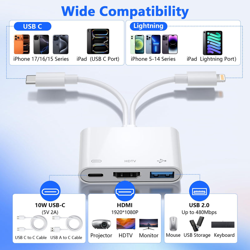 USB-C and Lightning to HDMI Adapter for iPhone ipad to TV [Apple MFi Certified], 1080P Sync Screen Lightning to Digital AV Adapter with Charging Port and USB Data Port for iPhone 17-5 /iPad to HDTV
