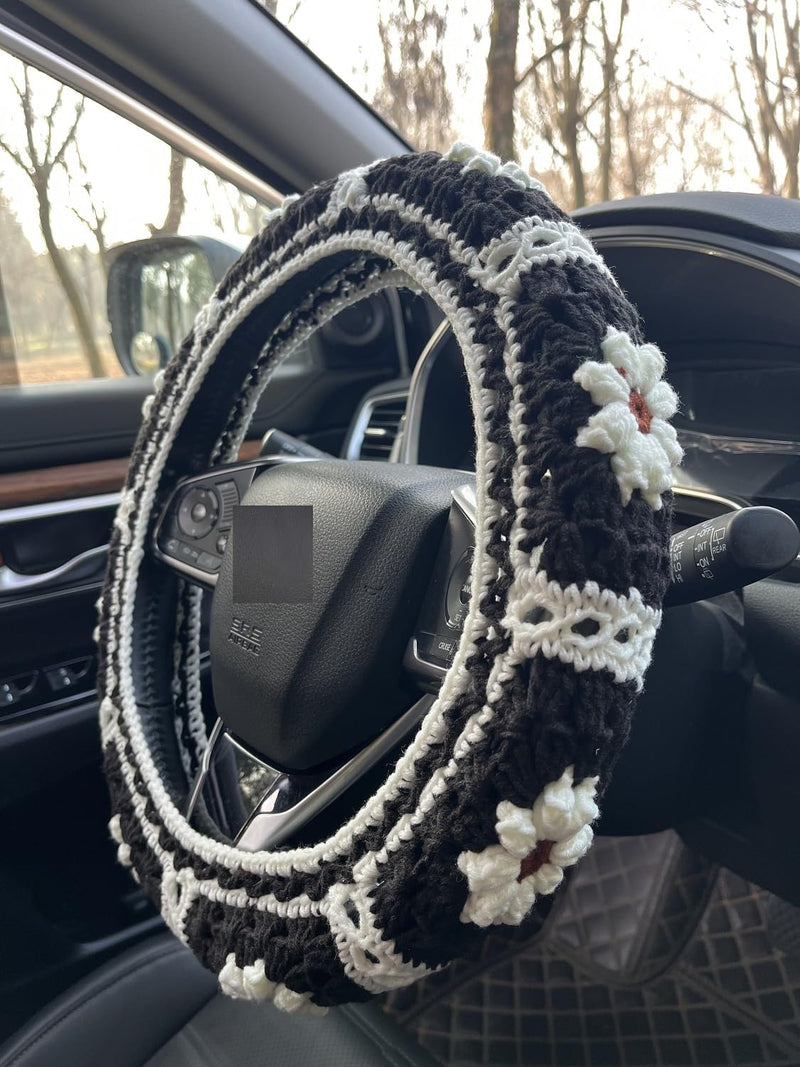 Daisy Crochet Steering Wheel Cover,Cute Seat Belt Cover,Women car Accessories (Black Steering Wheel Cover) Black Steering Wheel Cover