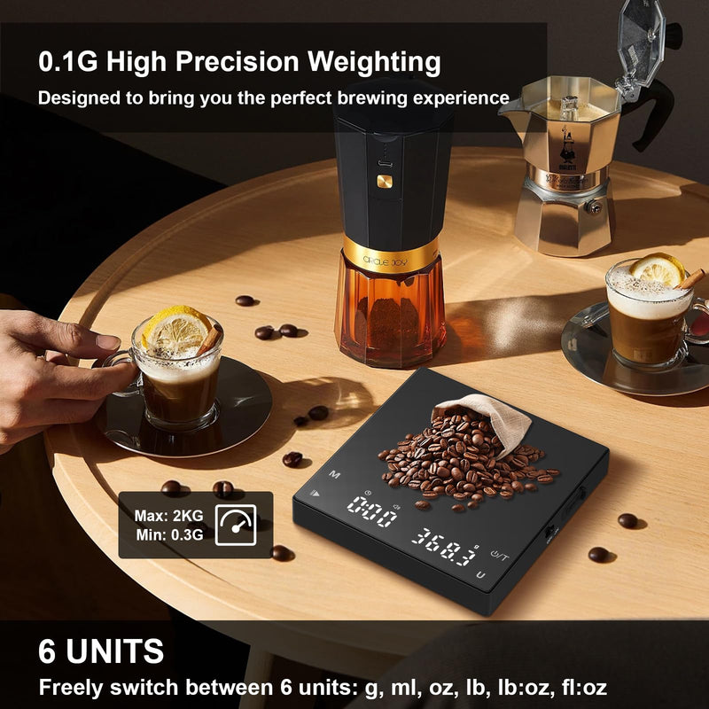 Rechargeable Mini Coffee Scale, Diyife Pour Over Coffee Scale with Timer, 2kg/0.1g Accurate Scale, Auto/Manual Timing, Mini Portable Digital Kitchen Scale for Drip Coffee, Espresso, French Press