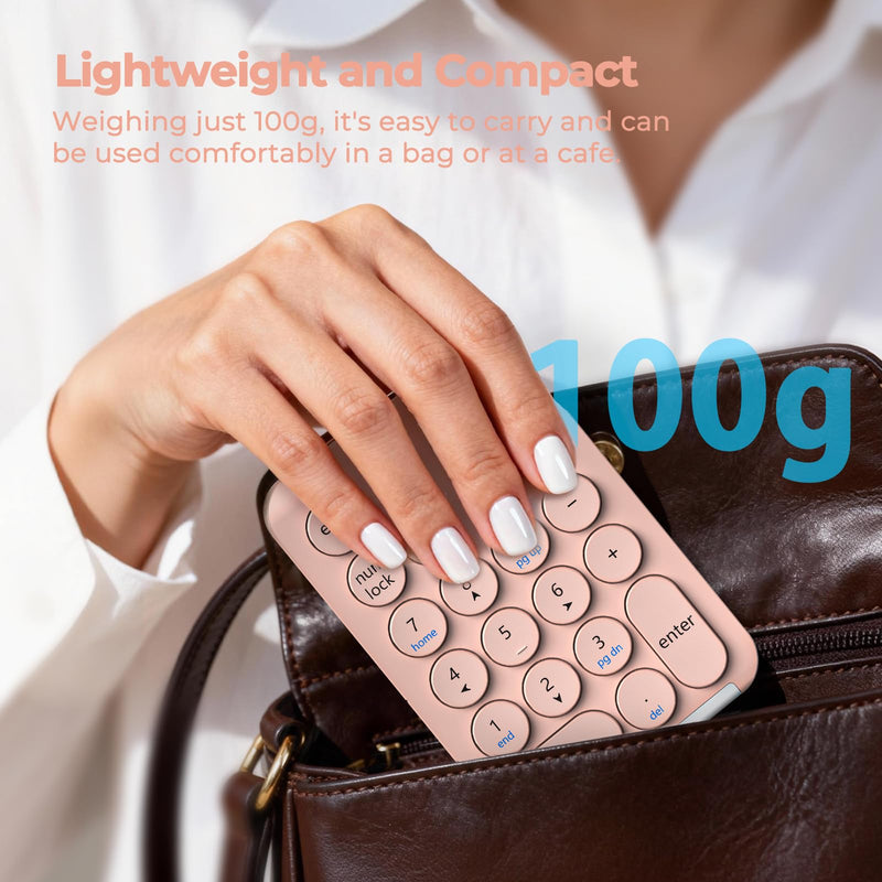 iClever Bluetooth Number Pad, Portable 22-Key Wireless Numeric Keypad, Pink | 3-Device Switching, Round Keys, USB-C Rechargeable, Custom Shortcut Stickers, Mini Numpad for MacBook, Laptop, PC & Surface