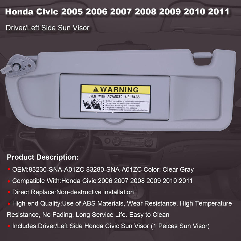 NHILES Clear Gray Left Side Sun Visor Compatible with Honda Civic 2006 2007 2008 2009 2010 2011 Replaces# 83280-SNA-A01ZC 83230-SNA-A01ZC Light Gray Left Driver Side