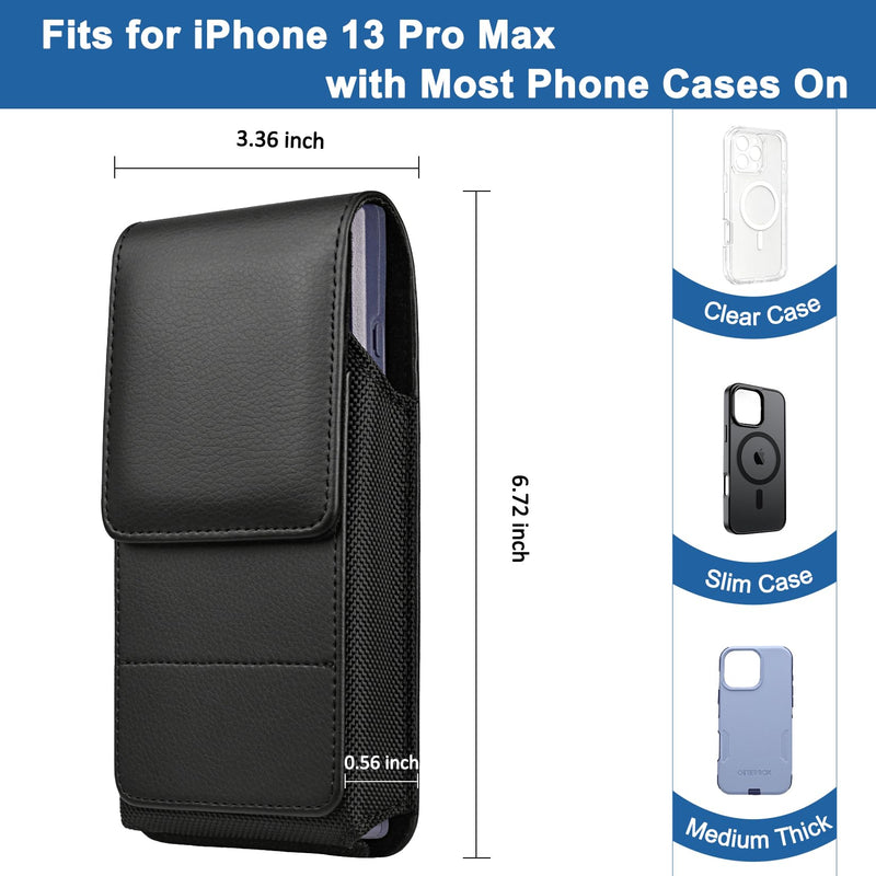 Leather Phone Holster for iPhone 13 Pro Max, Black | Belt Clip, Magnetic Closure, Card Holder, Premium PU Leather, Elastic Side Bands, Soft Lining, Fits Protective Cover on
