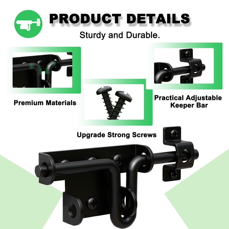 Heavy Duty Slide Bolt Gate Latch for Wooden Fence, 2 Way Barn Door Latch with Padlock Hole, Offset and Flush Mounted Gate Latch for Outdoor Gates/Yard Fence/Shed Door, Black, 3 Pack
