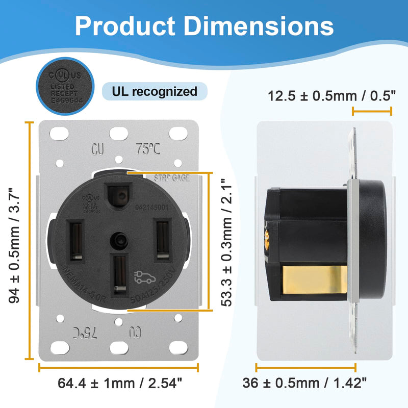 NEMA 14-50R Outlet - High-Power Outlet, Supports Up to 50 Amps, 125/250 Volts, Ideal for Electric Vehicles, RVs, and Large Appliances, Heavy-Duty Design, 3-Pole 4-Wire.