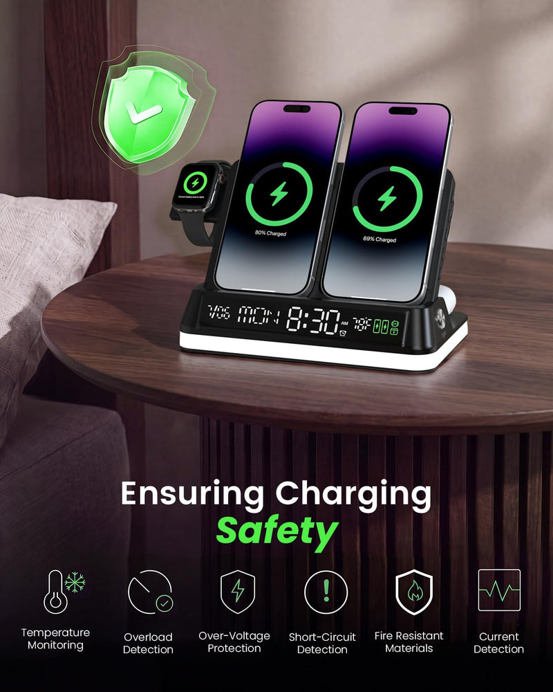 7 in 1 Wireless Charging Station with Auto-Sync Clock Sunset Night Light | Wireless Charger Stand for iPhone 17 16 15 14 Pro Max, Nightstand Charging Station for Apple Watch for AirPods, Indoor Temp