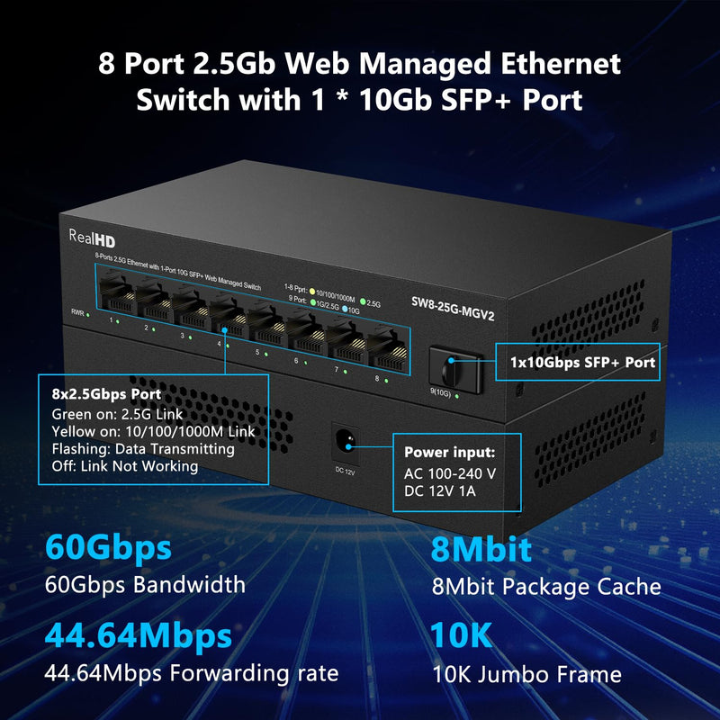 8 Port 2.5Gb Web Managed Ethernet Network Switch with 8 x 2.5 Gigabit | 1 x 10G SFP+ | Work with 10-100-1000Mbps Devices | 60G Bandwidth | Fanless Quiet Metal Internet Switch 8 Port 2.5GB Web Managed Switch
