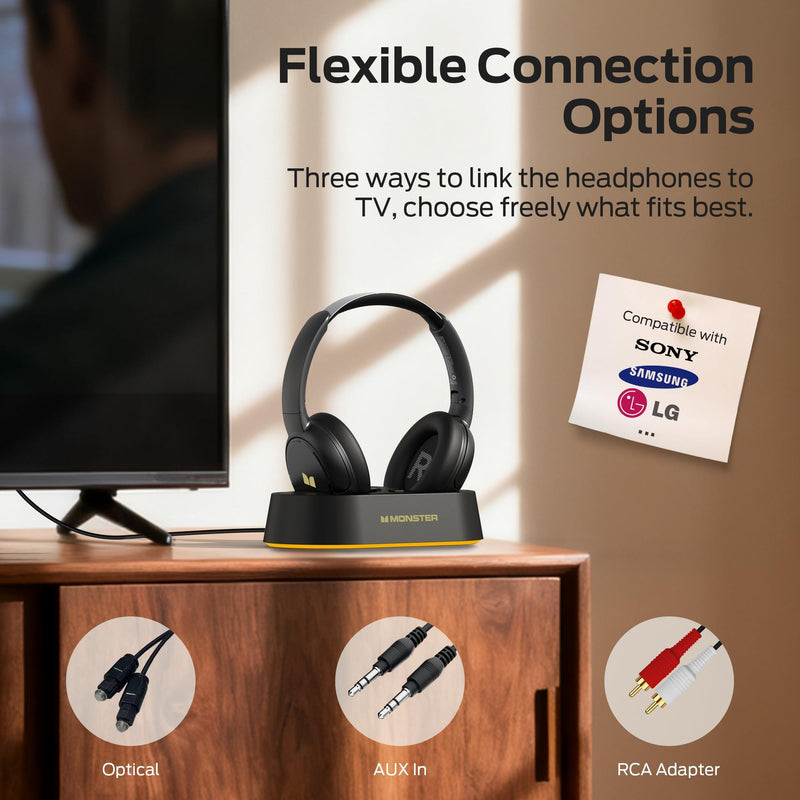 Monster TVlink 300 Wireless TV Headphones Transmitter Base Bluetooth 5.3 | Over Ear Design, 45 Hours Battery Life, Low Latency Under 40ms, Foldable Comfortable Fit, Plug & Play Setup Black