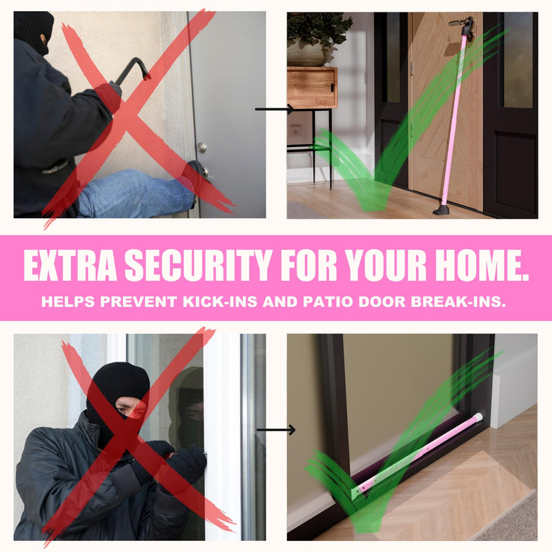 SECURITYMAN 3-in-1 Door Security Bar, Security Door Stoppers & Door Barricade – Heavy Duty Adjustable Iron Security Lock Bar for Home Defense, Apartment & Travel Safety (1 Pack - Pink) 1 Pack