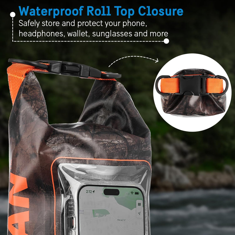 Pelican Marine IP68 Waterproof Dry Bag 2L w/Phone Pouch/Case - Hunter Camo | Roll Top Waterproof Backpack with Touchscreen Phone Pouch - Swimming, Kayaking, Camping, Rafting, Fishing & Travel Essentials Hunter Camo - 2L