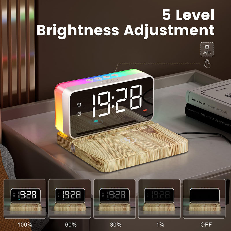 Bedroom Alarm Clock for Heavy Sleepers - 5 in 1 Magnetic 10W Wireless Charger with White Noise Bluetooth Speaker RGB Light Dual Alarm (Woodgrain)