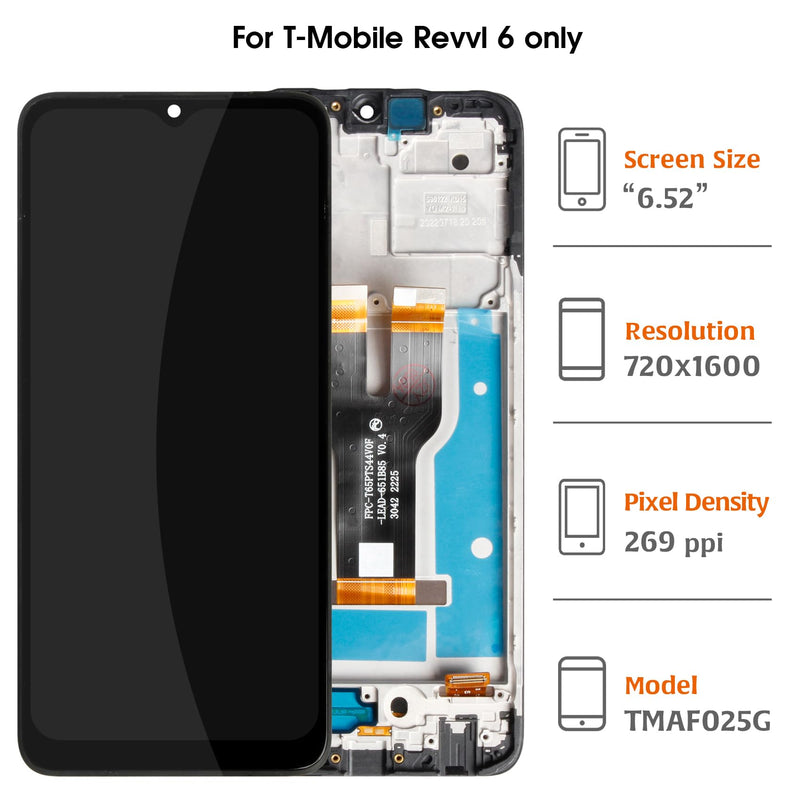 for T-Mobile REVVL 6 5G 2022 6.52" TMAF025G LCD with Frame Screen Replacement LCD Display Touch Digitizer Screen Assembly with Repair Tools