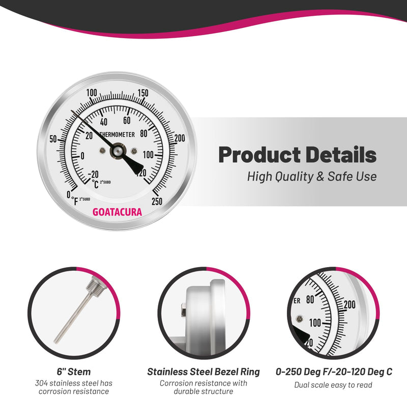 Bimetal Thermometer, Full Stainless Steel, 3" Dial Size, 6" Stem, 1/2" NPT Back Mount, 0-250 Deg F/-20-120 Deg C, 1% Accuracy L=6"