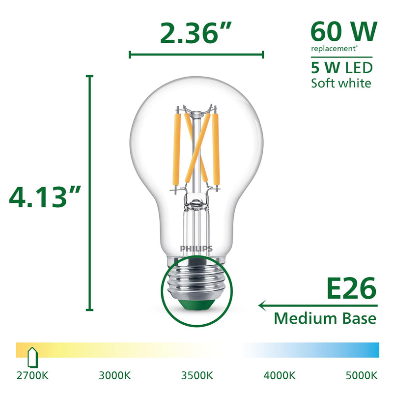 PHILIPS LED 60W A19 12-Pack Ultra Efficient Soft White (2700K) 850 Lumen (5W = 60W) Dimmable Clear, Flicker-Free Light Bulbs 60w Clear 12 Pack