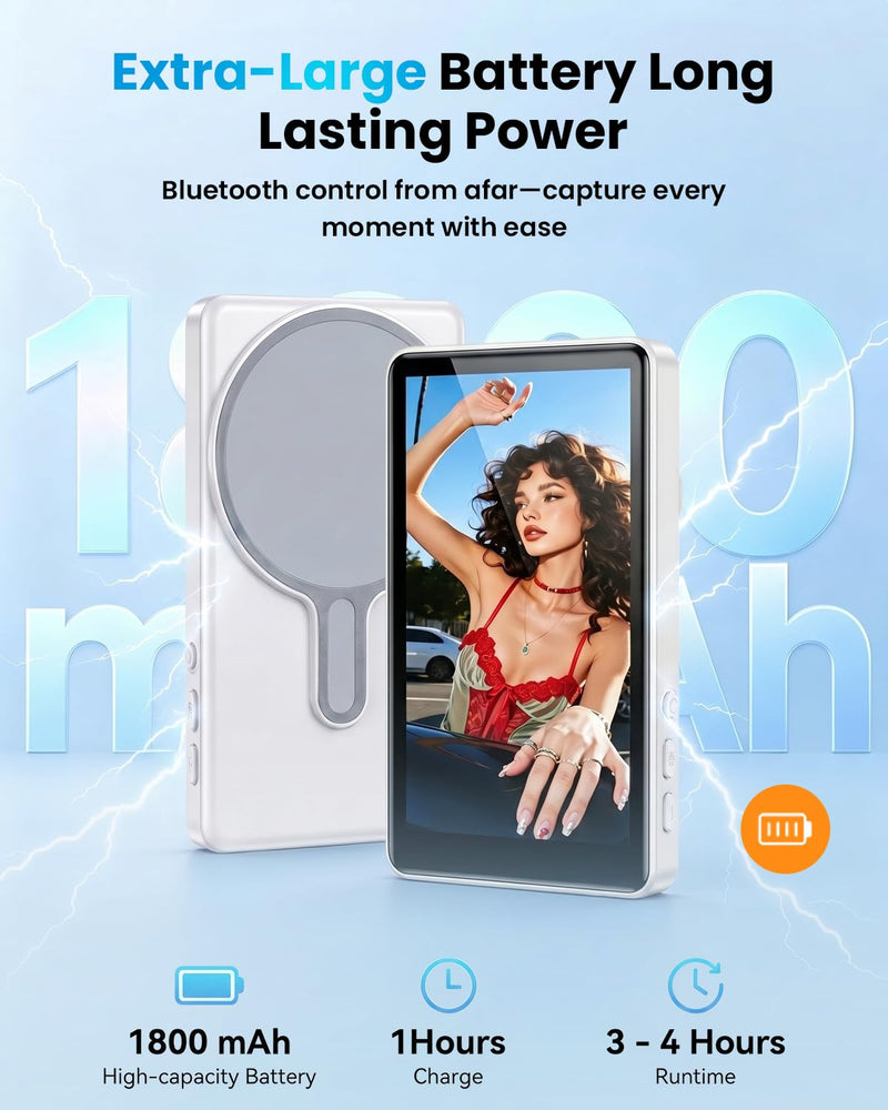 Magnetic Vlog Selfie Monitor Screen for iPhone & Android, 4-Inch IPS HD Wireless Back Camera Monitor with Bluetooth Remote, 1800mAh Battery, 3-Level Brightness, No Delay Live Stream for TikTok YouTube White