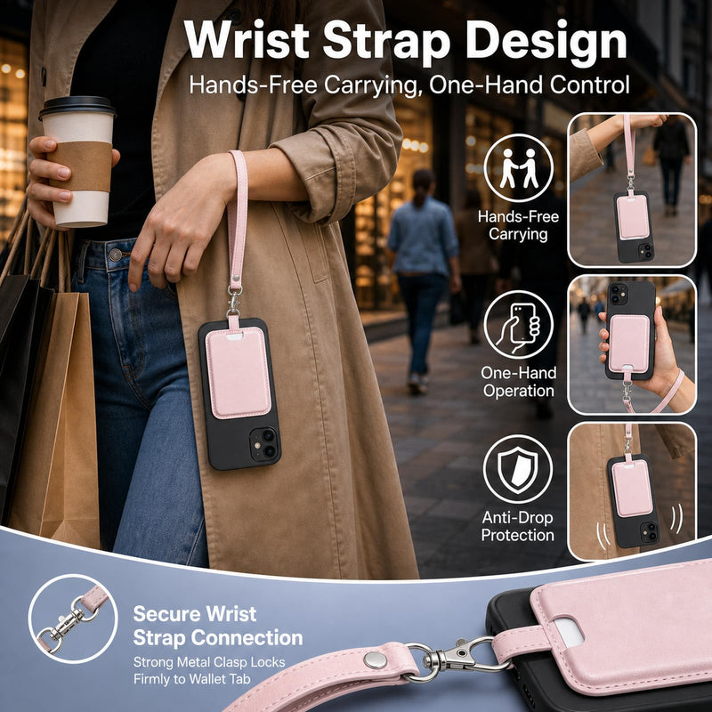 MagSafe Wallet with Wrist Strap, 3 Card Holder with RFID Blocking, MagSafe Sticker Included, Slim Magnetic Phone Wallet for iPhone 17e/17/16/15/14/13/12 Series and Selected Samsung Devices Pink