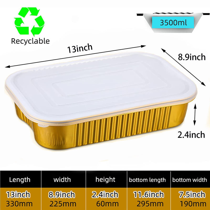 Gold Aluminum Foil Baking Pans 9"×13" with Lids | Heavy-Duty, 10 Pack + 10 Lids, Disposable, Reusable, 3500ML Capacity 13"×9"(10pack+10Lids)