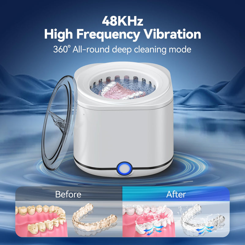 Miorcols Ultrasonic Retainer Cleaner Machine, 48kHz Denture Cleaner Machine for Mouthguard, Braces, Night Guard, Toothbrush, Jewelry with 7.8OZ Dental Cleaning Pod- White